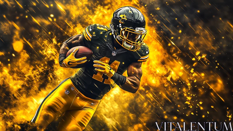 Dynamic American football runner amid explosive golden motion trails