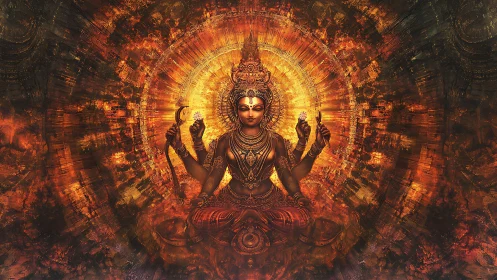 Digital painting of radiant multi-armed deity in mandala blaze.