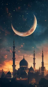 Crescent moon looms above illuminated mosque skyline at twilight