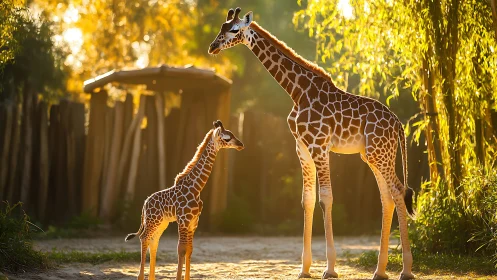 Adult and juvenile giraffe interact under warm backlighting
