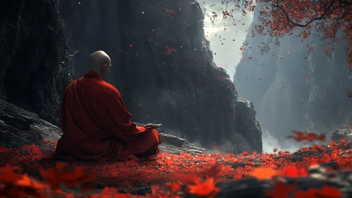 Scarlet monk in misty canyon cradle of drifting autumn leaves.