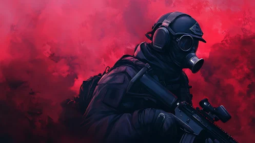 Tactical operator in gas mask within saturated red smoke.