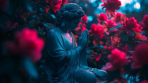 Stone praying figure in dense garden with red flowers.