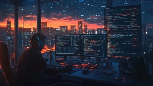 City lights frame a focused coder at a glowing night desk