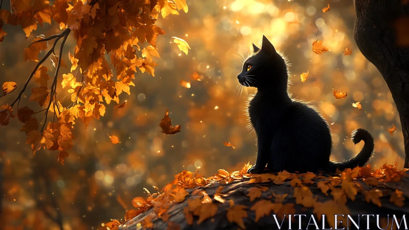 Black Cat Contemplates Autumn Cascade.