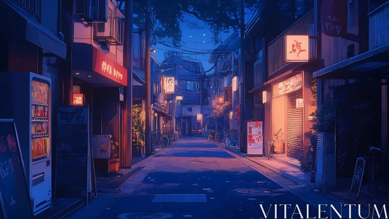 Digital painting of neon-lit Japanese alleyway at dusk.