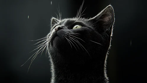 Black Cat Gazing Upward in Moody Light.