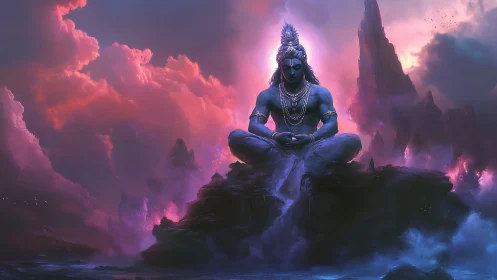 Cosmic blue yogi meditating amid stormlit violet clouds.