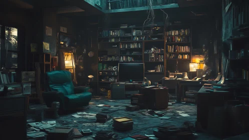 Moody cluttered study with teal armchair and TV focal point.