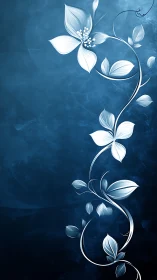 White stylized floral vine curves upward on dark blue background