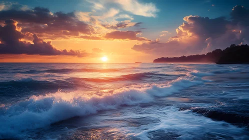 Sunset over ocean waves with clouds and distant headland.