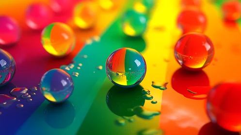 Rainbow glass spheres on reflective multicolor surface.