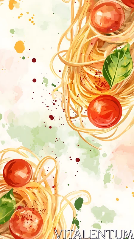 Watercolor pasta coils with tomatoes and basil splashes.