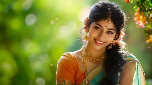 Smiling Indian Woman in Traditional Saree with Floral Jewelry, Vibrant Style.