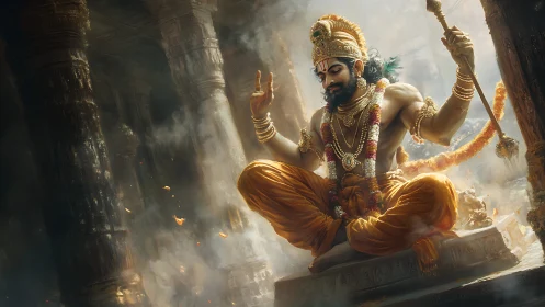 Seated warrior deity in ornate temple with smoky atmosphere.
