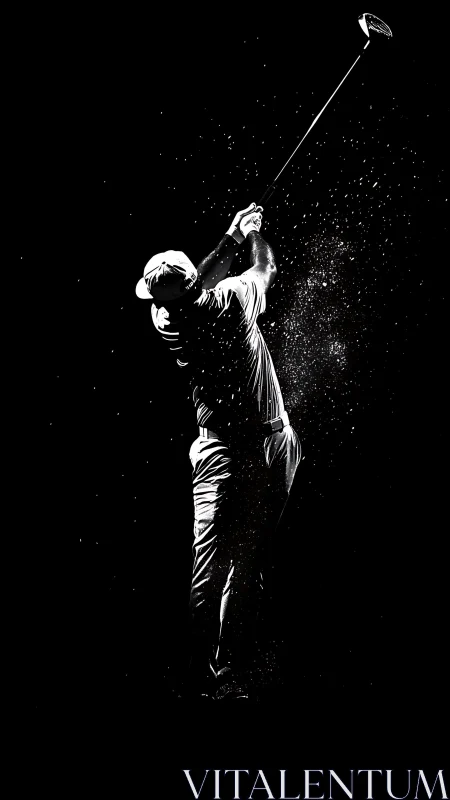 Midnight golf swing frozen in a burst of bright motion.