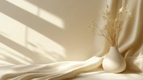Minimalist beige vase with dried flowers on draped fabric.