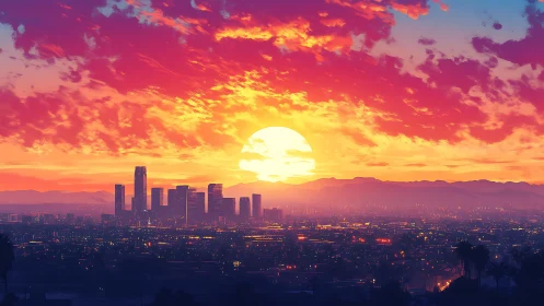 Radiant city sunset glowing over a peaceful evening skyline.