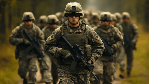 Focused soldiers on forest trail during tactical training.