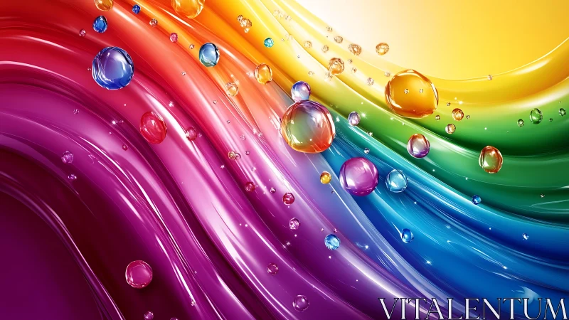 Glossy rainbow waves with floating translucent droplets.