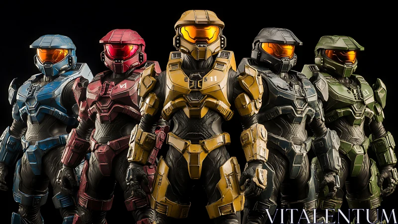 Armored sci fi soldiers in colored combat exosuits lineup.