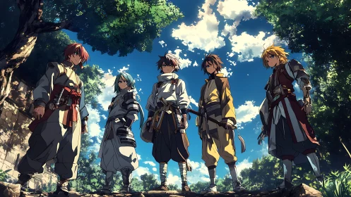 Adventuring party stands under bright forest sky