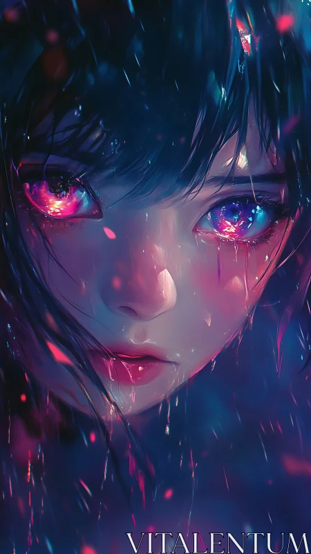 Neon-lit anime portrait with prismatic bokeh and wet surfaces.
