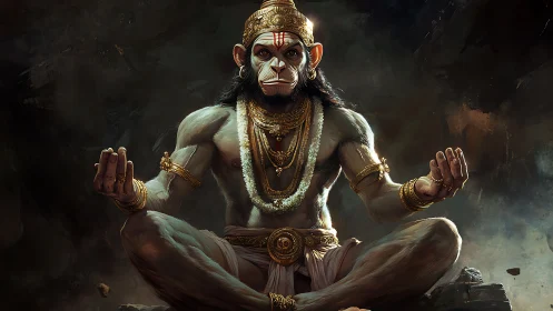 Meditating monkey warrior cloaked in stormlit divinity.