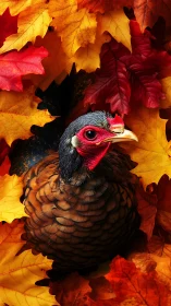 Pheasant positioned among autumn maple leaves in warm lighting
