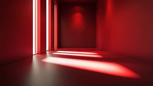 Minimalist red room holds sharp linear window light beams