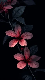 Red flowers with dark foliage against black background