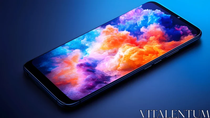 Modern smartphone with vibrant abstract cloud wallpaper, digital art.