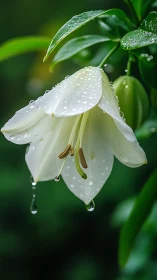White bell-shaped flower with water droplets on green foliage background