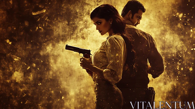 Gun-wielding duo in cinematic golden backlit portrait.