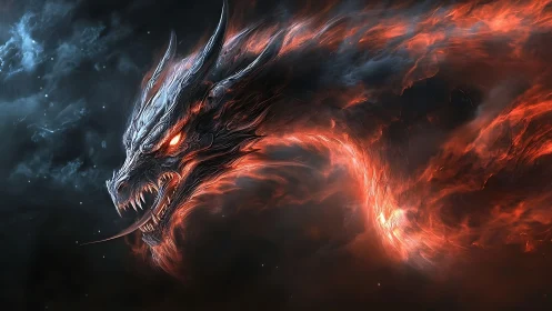 Inferno serpent dragon coils through stormlit cosmic night.