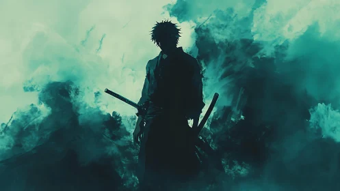 Lone swordsman emerging from swirling teal battle smoke.