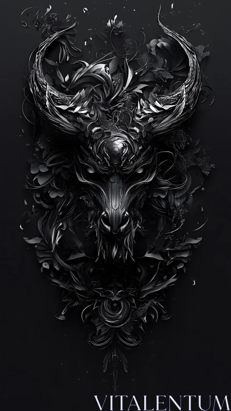 Ornate horned demon bust in sculpted black metal relief