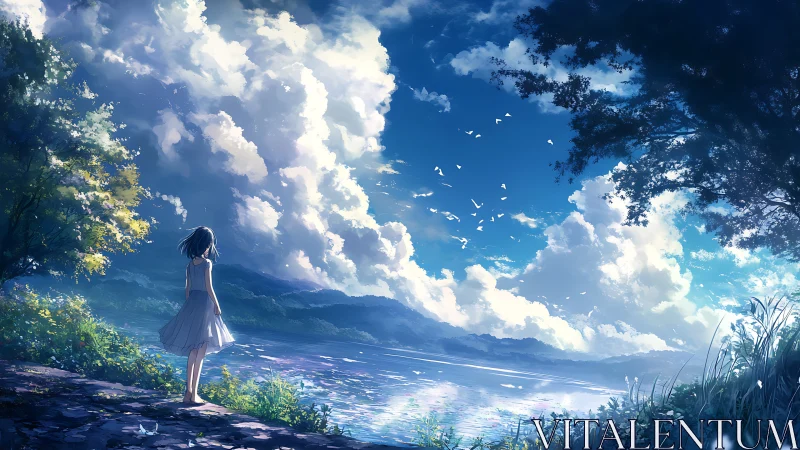 Girl in white dress stands alone by bright lakeside sky.