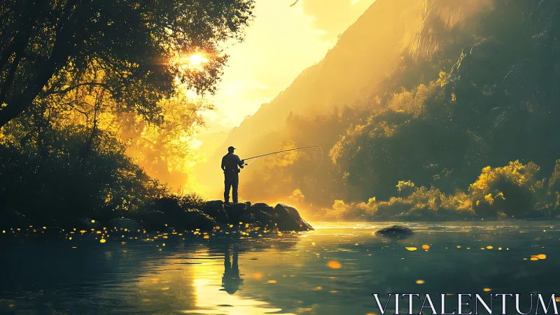 Backlit angler silhouette in high contrast river valley haze