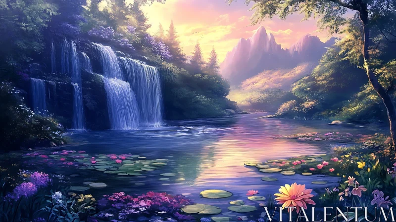 Sunlit waterfall garden unfolds beside a tranquil lily pond