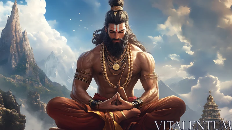 Muscular sage in padmasana amid hyper-detailed Himalayan temples