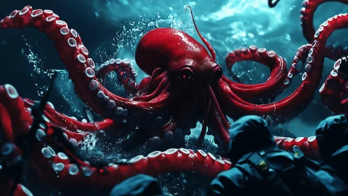 Colossal crimson octopus confronts divers amid turbulent sea.