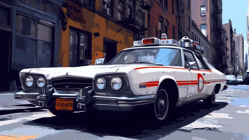 Retro emergency car prowls a sunlit urban side street