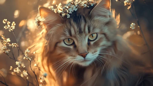 Enchanted Cat Among Golden Wildflower Dreams.