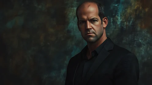 Moody male portrait in low key lighting against painted backdrop