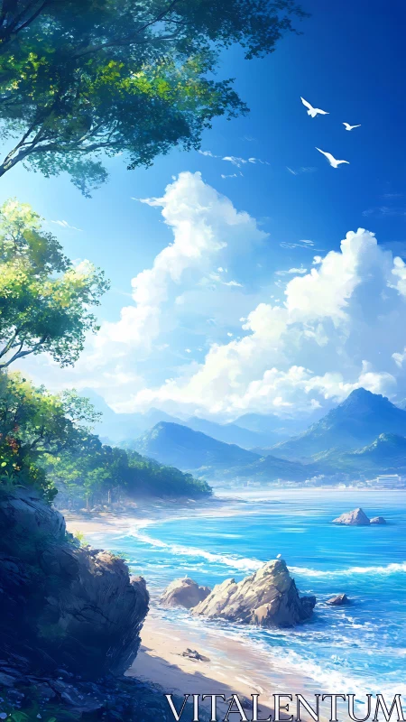 Sunlit tropical shoreline beneath towering cloudscape.