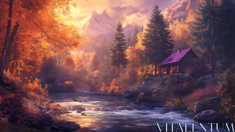 Autumnal river valley and cabin rendered in luminous digital realism