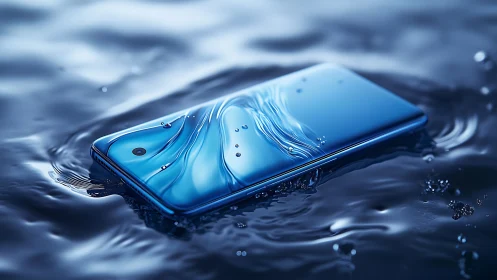 Sleek blue smartphone immersed in reflective liquid waves.