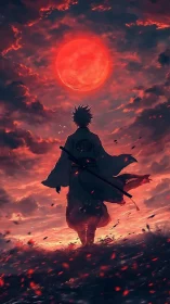 Backlit swordsman advances under oversized crimson eclipse sky