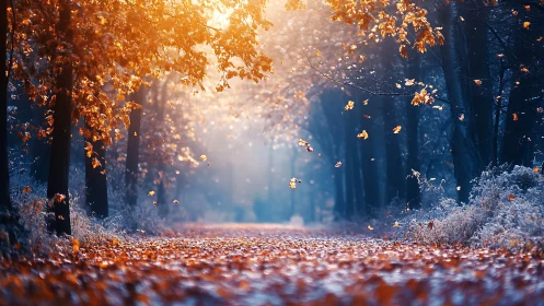 Golden Autumn Canopy: Bokeh-Enhanced Forest Pathway.
